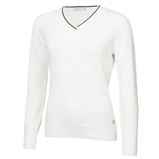 Madison Cable V Neck Sweater White Ladies 14 White