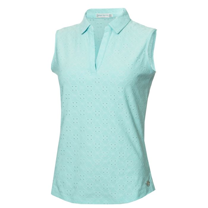 Green Lamb Naja Ladies Sleeveless Broderie Anglaise Polo Aqua